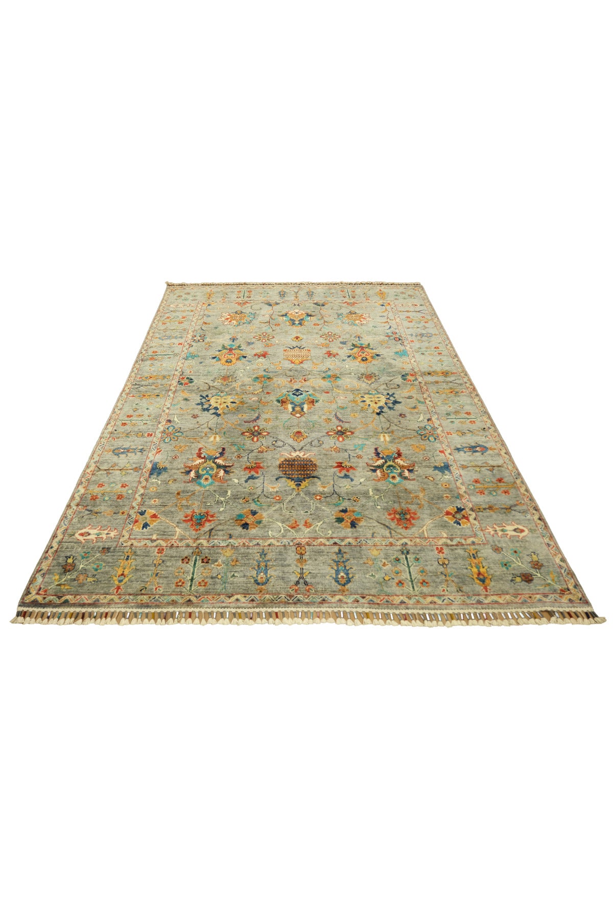 Sultani El Emeği Mavi Gri Desenli Saçaklı Anadolu Motifli Modern ve Geleneksel Salon Halısı - Gümüş