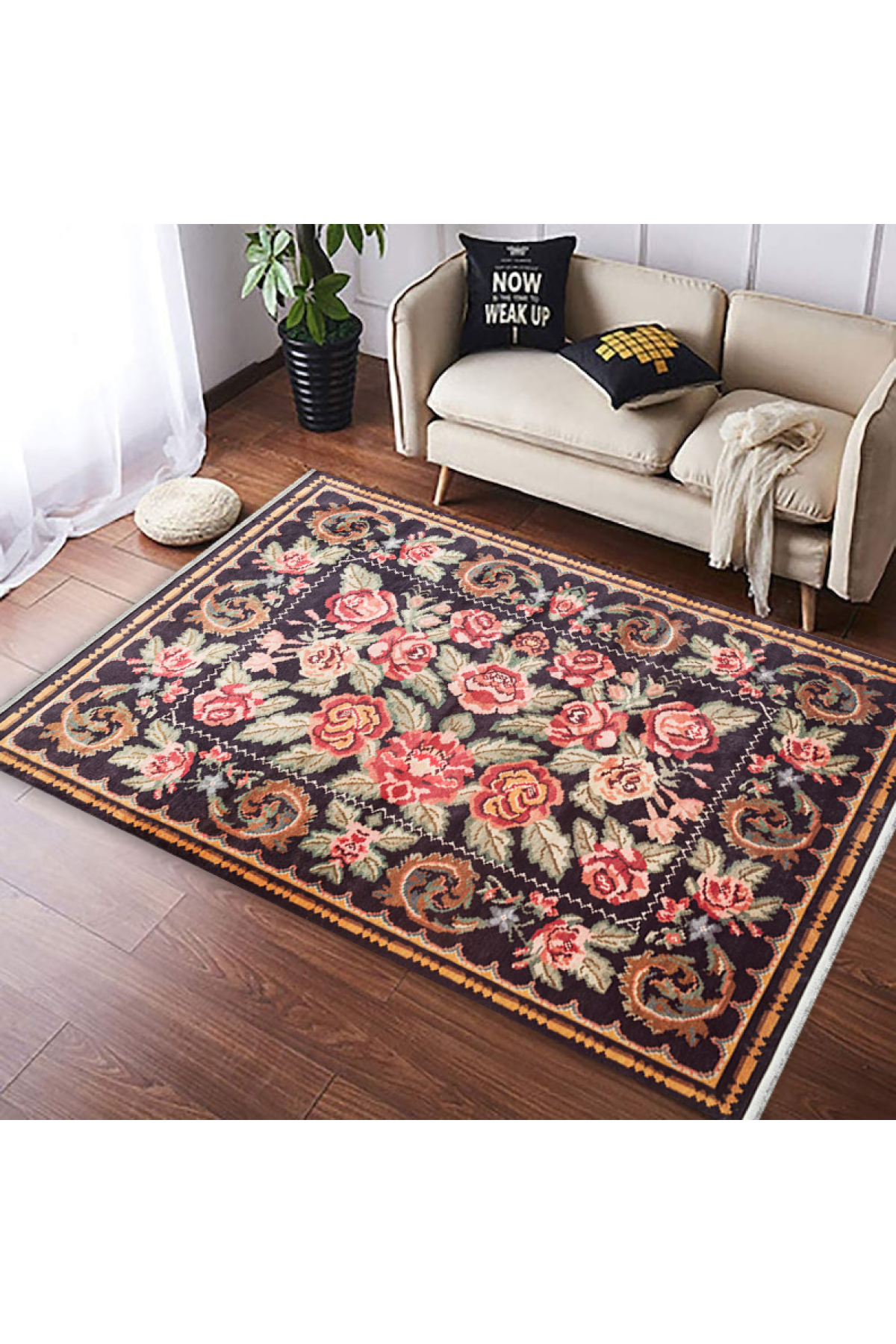 Washable, Easy-to-use, Non-Slip, Nostalgic Black Machine Made Carpet with Karabakh Antique Patterns