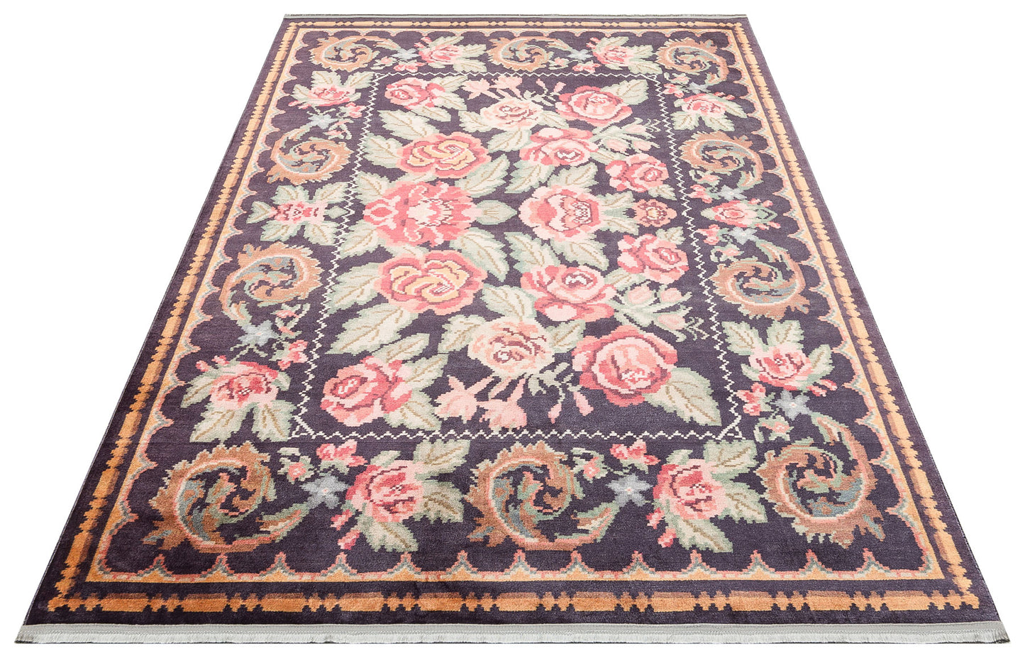 Washable, Easy-to-use, Non-Slip, Nostalgic Black Machine Made Carpet with Karabakh Antique Patterns