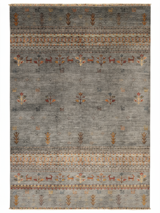 Handmade Grey Hand-Trimmed Anatolian Motif Gabbeh Patterned Fringed Modern and Traditional Living Room Rug - Grey