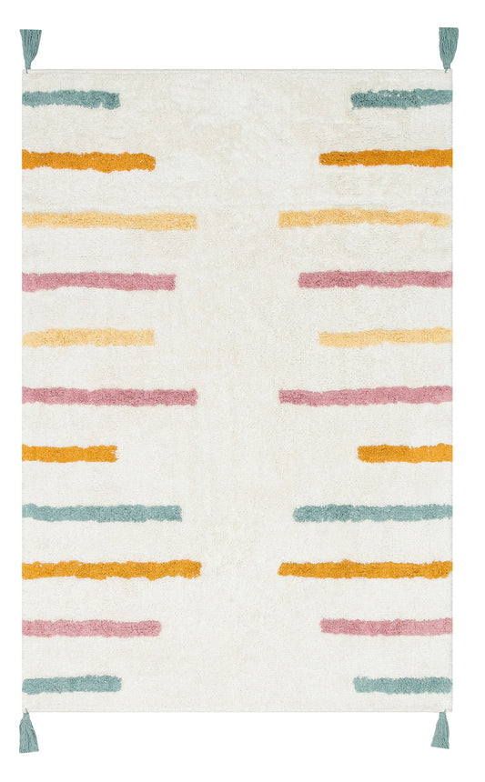 Bonny Çizgili Çok Renkli Çocuk Odası Halısı Yıkanabilir Kaydırmaz Tabanlı Pamuk Yumuşak Yüzeyli - Beyaz