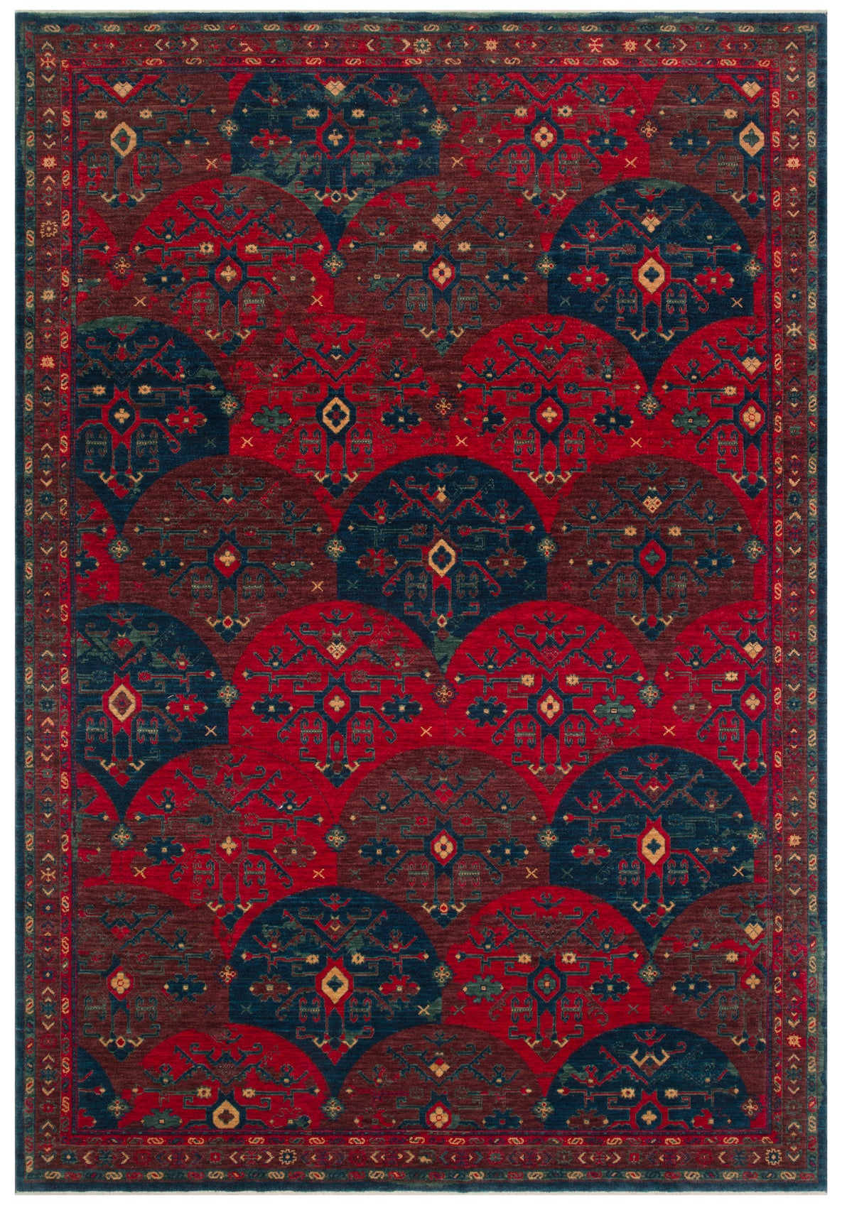 Rönesans El Emeği Etnik Desenli Kırmızı Çok Renkli Yün Saçaklı Anadolu Motifli Otantik Salon Halısı