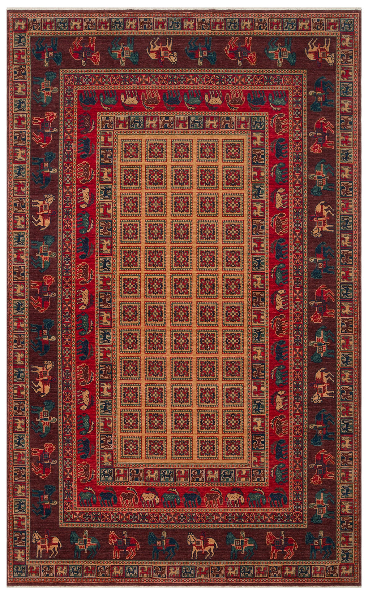 Rönesans El Emeği Anadolu Desen Kahverengi Kırmızı Retro Yün Geleneksel Dokuma Otantik Salon Halısı