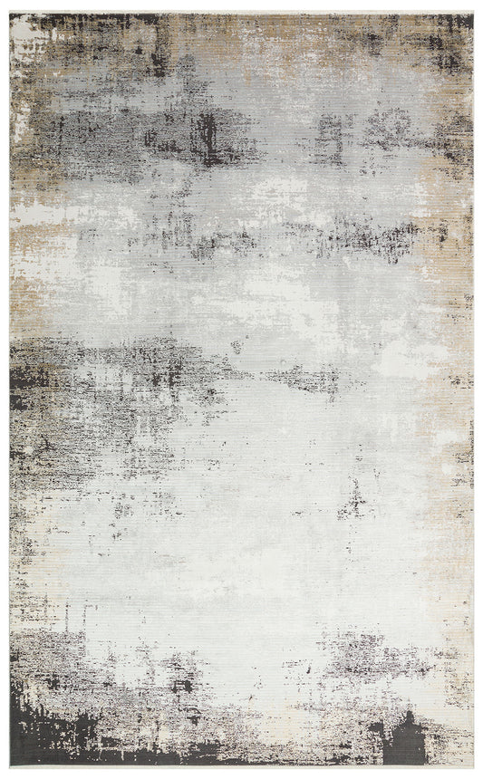 Palace Anthracite Grey Abstract Pattern Classic Viscose Soft Textured Fringed Modern Design Living Room Rug - White