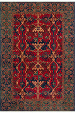 Renaissance Handmade Ethnic Patterned Navy Blue and Red Wool Fringed Authentic Living Room Rug with Anatolian Motifs