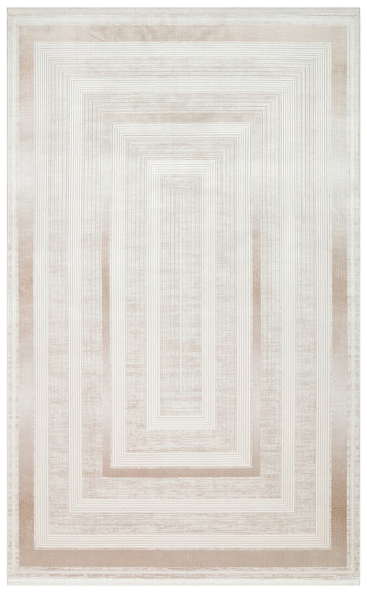 Palace Cream Beige Geometric Pattern Classic Viscose Soft Textured Fringed Modern Designed Living Room Rug - Beige