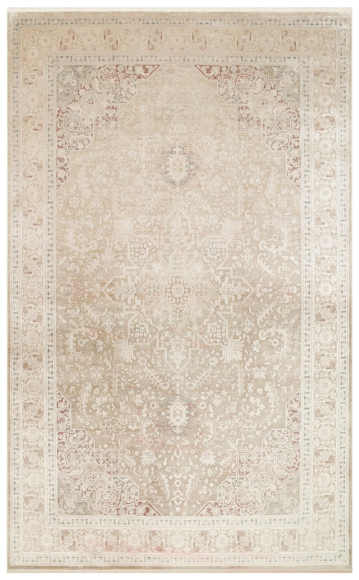 Toscana Klasik Vintage Desenli Açık Bej Over-Dyed Dokuma Salon Halısı Rayon Viskon Yumuşak Dokulu