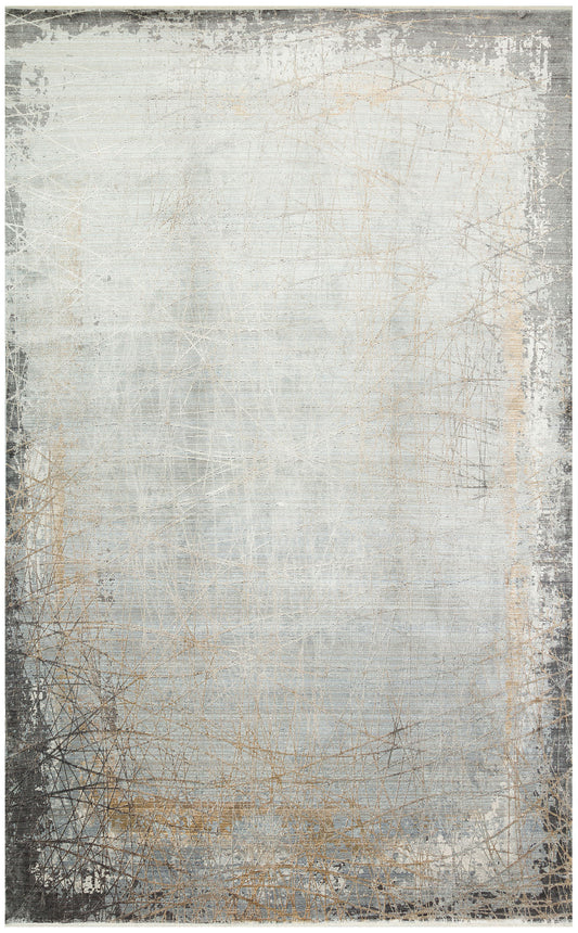 Palace Anthracite Grey Gold Abstract Pattern Classic Viscose Living Room Rug with Fringes, Modern Design - Silver