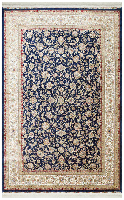 İpek Harem Serisi Bambu İplik Lacivert Krem Salon Halısı Klasik Desen Sık Dokuma Doğal Yumuşak Doku