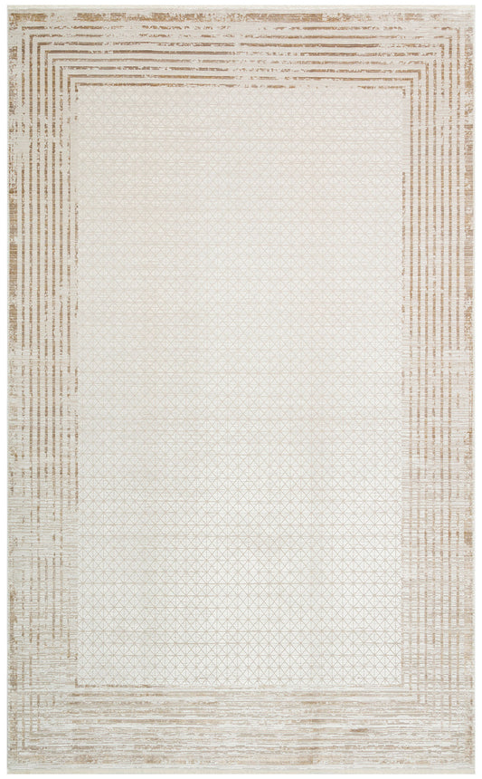 Palace Cream Gold Framed Viscose Living Room Rug, Fringed, Tightly Woven, Modern Patterned Machine-Made Rug - Cream