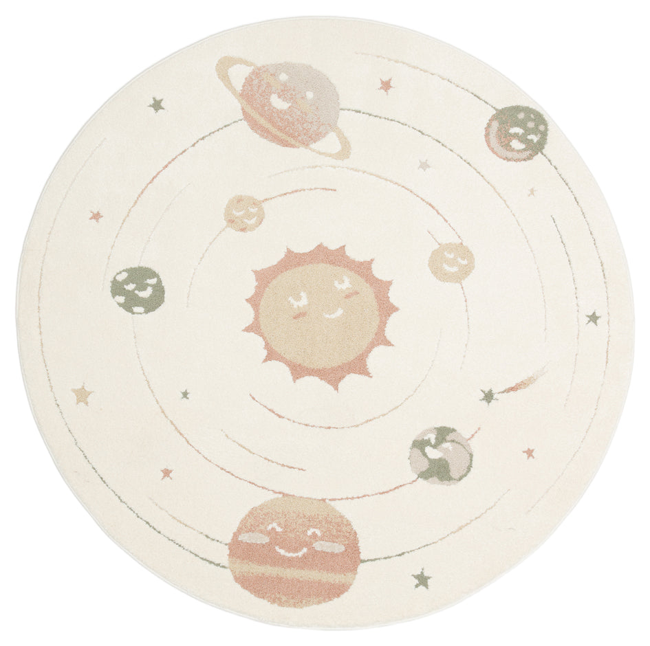 Petit Patterned Beige Round, Dust-Free, Soft Textured, Machine Washable Children's Room Rug - White