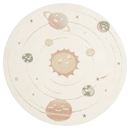 Petit Desenli Bej Renk Yuvarlak Toz Vermeyen Yumuşak Dokulu Makinede Yıkanabilir Çocuk Odası Halısı - Beyaz