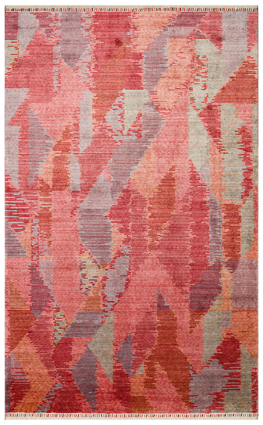 Orient Multicolored Geometric Pattern Lyocell Modern Handcrafted Loom-Made Living Room Rug - Red