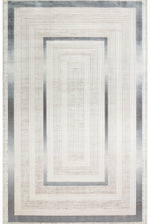 Palace Cream Blue Geometric Pattern Classic Viscose Soft Textured Fringed Modern Designed Living Room Rug - Blue