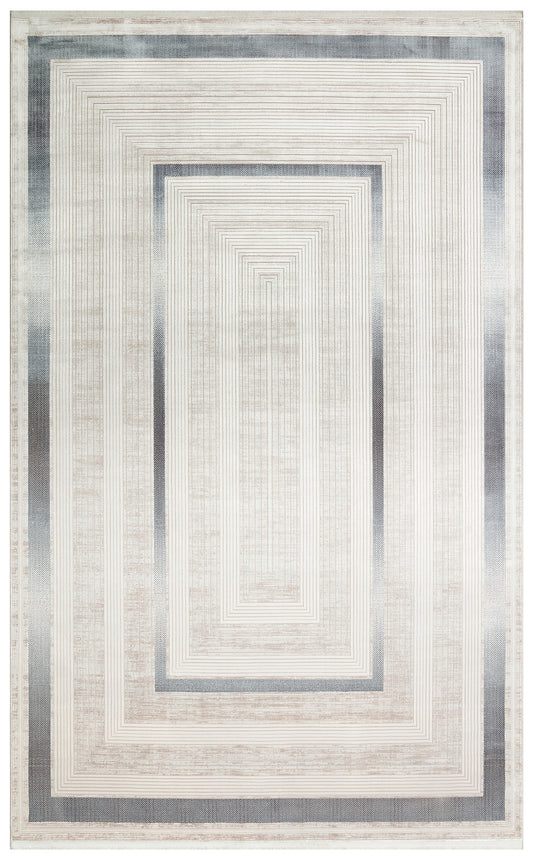 Palace Cream Blue Geometric Pattern Classic Viscose Soft Textured Fringed Modern Designed Living Room Rug - Blue