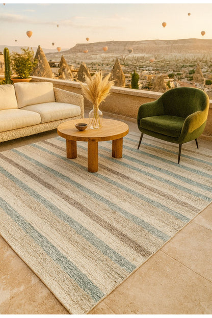 Sumak Koleksiyonu El Dokuma Gri Mavi Çizgili Modern Yün Salon Halısı Yumuşak Dokulu - Lacivert