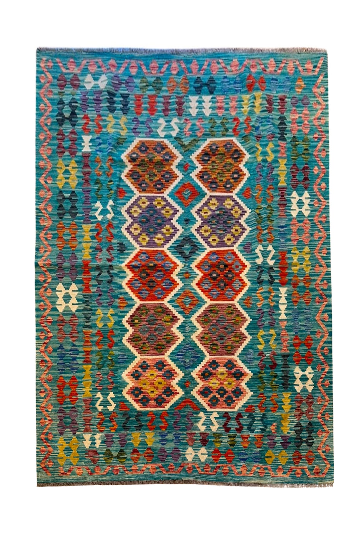 EFSANE Etnik Kök Boya El Dokuma Anadolu Desenli Kilim Vintage Bohem Salon Dekoratif Kilim - Mavi
