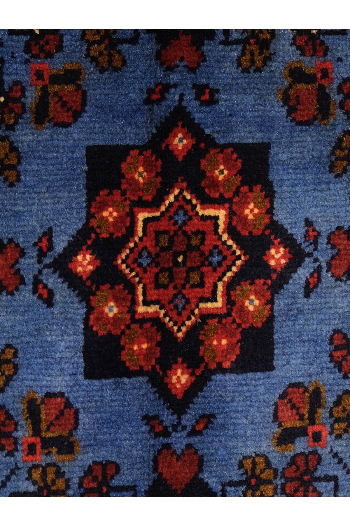 El Dokuma Bordo-Mavi Yıldız Model Afgan Biliçik Halısı %100 Yün Kök Boya Otantik Salon Halısı - Mavi