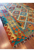 EFSANE El Dokuma Kök Boya Kilim Vintage Etnik Anadolu Desenli Bohem Salon Dekoratif Kilim - Turkuaz