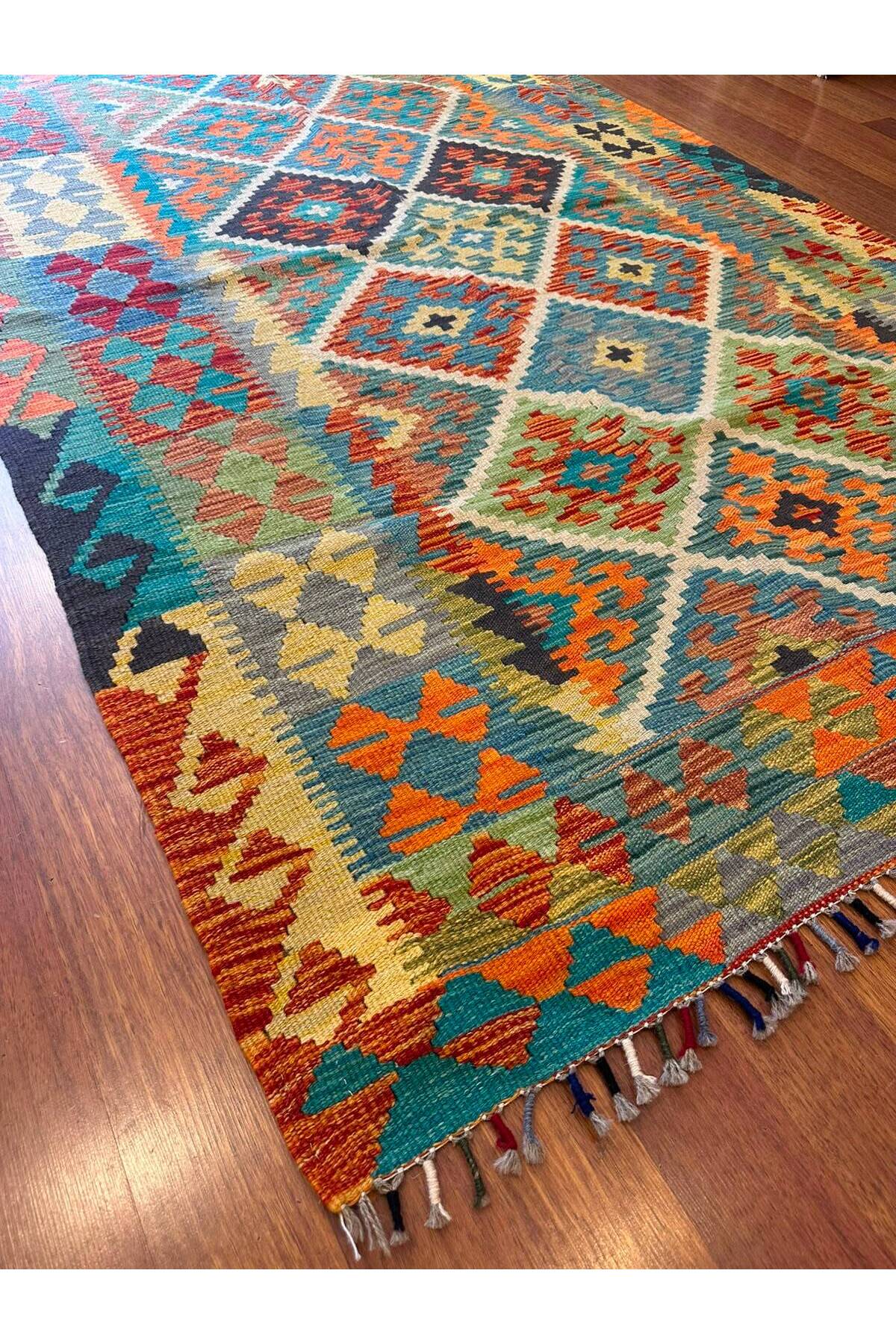 EFSANE El Dokuma Kök Boya Kilim Vintage Etnik Anadolu Desenli Bohem Salon Dekoratif Kilim - Turkuaz