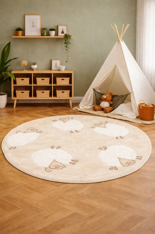 Bonny Desenli Bej Rengi Yıkanabilir Kaydırmaz Taban Yumuşak Yüzeyli Çocuk Odası Halısı - Krem