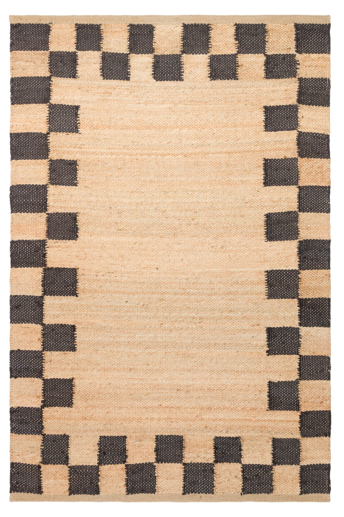 NATURA Ekru Dama Desenli Doğal Jüt Hasır Görünümlü Modern Çift Taraflı Kilim Bohem Salon Halısı - Gri