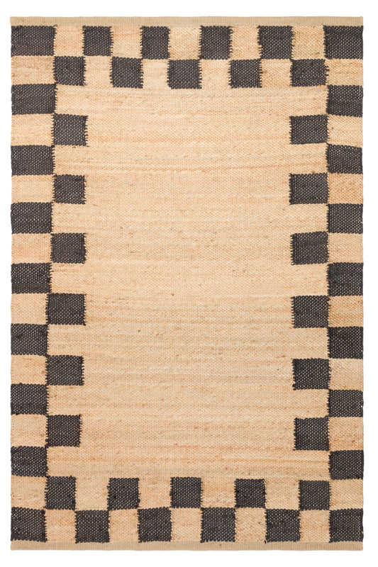 NATURA Ekru Dama Desenli Doğal Jüt Hasır Görünümlü Modern Çift Taraflı Kilim Bohem Salon Halısı - Gri