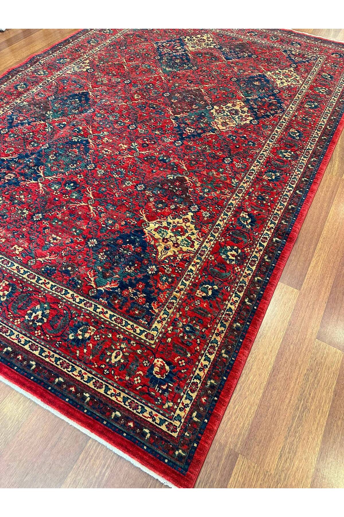 Geleneksel Desenli El Dokuma Halı Kırmızı Bordo Lacivert Madalyon Motifli Vintage Salon Halısı - Siyah