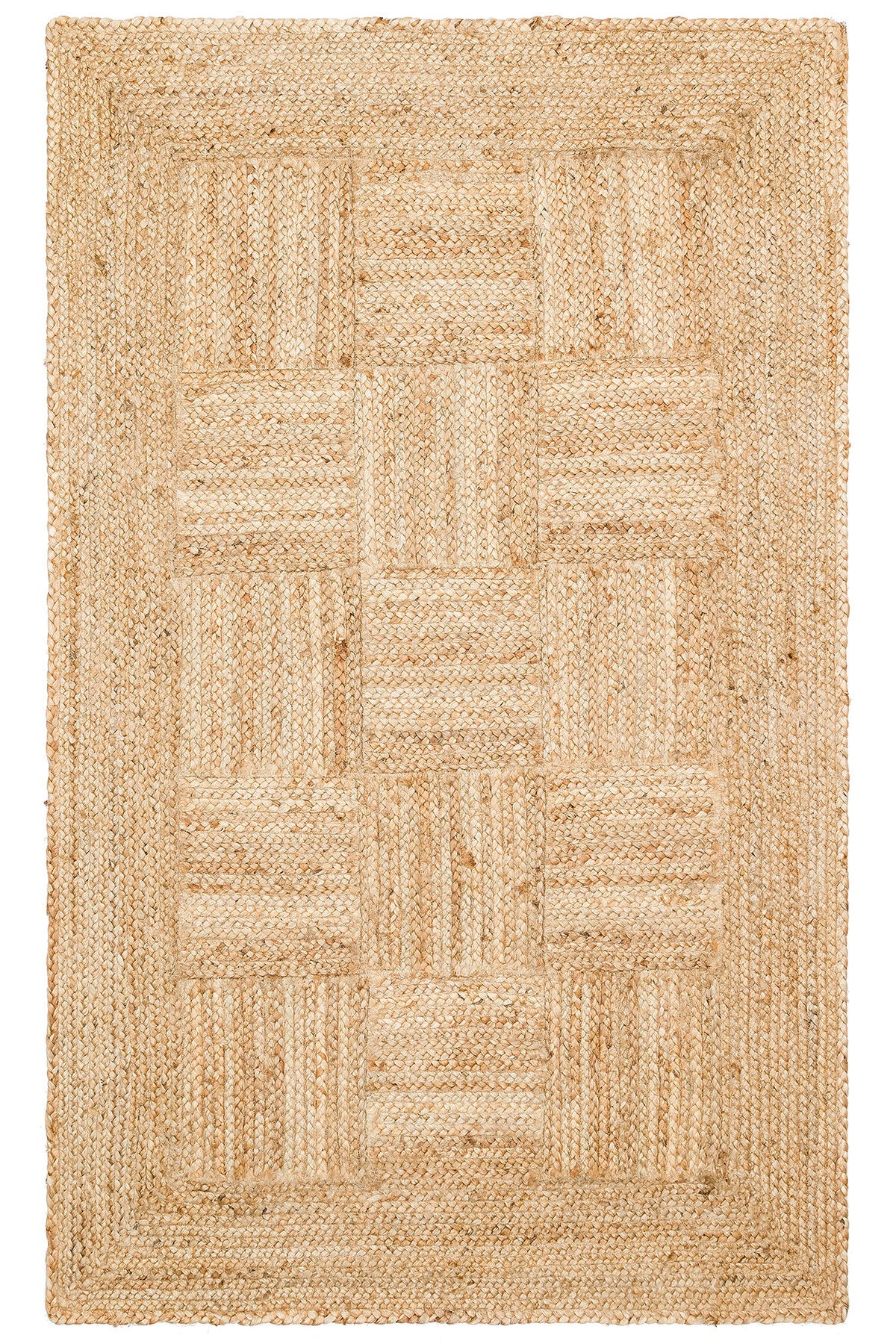 NATURA Örgü Patchwork Görünümlü Jüt Halı Doğal Hasır Dokulu Bohem Çift Taraflı Kilim Salon Halısı - Ekru