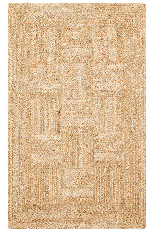 NATURA Örgü Patchwork Görünümlü Jüt Halı Doğal Hasır Dokulu Bohem Çift Taraflı Kilim Salon Halısı - Ekru