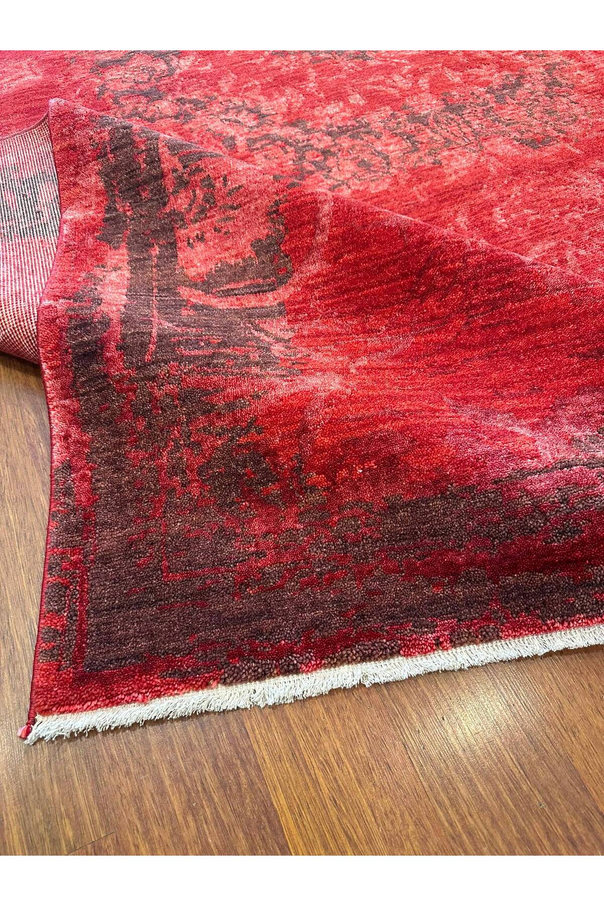 Vintage El Dokuma Kırmızı Eskitme Desenli Motifli Salon Yatak Odası Premium Dekoratif Halı - Haki