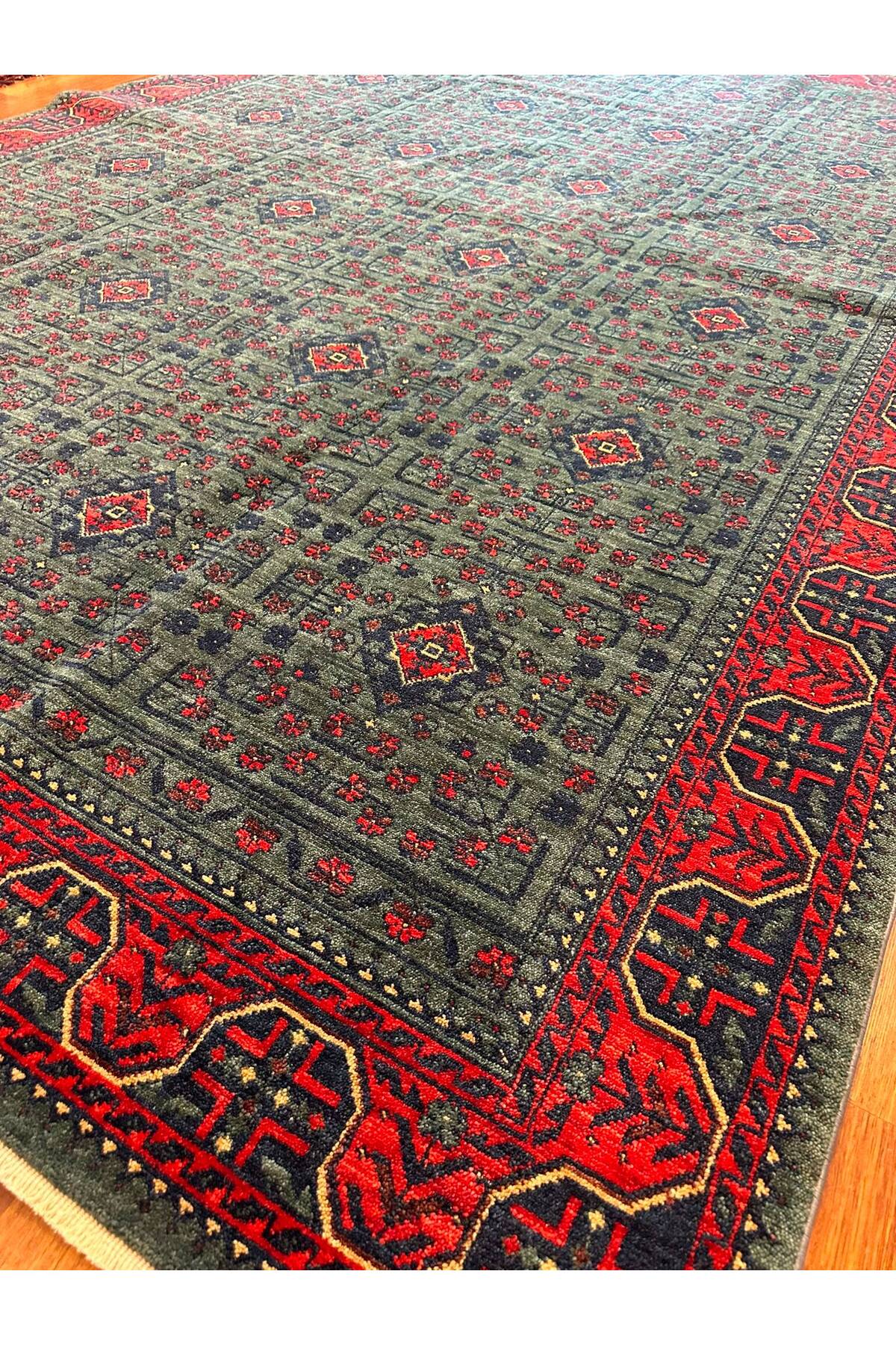 Afgan Desenli El Dokuma Yeşil Petrol Kırmızı Etnik Motifli Geleneksel Vintage Salon Halısı - Bej