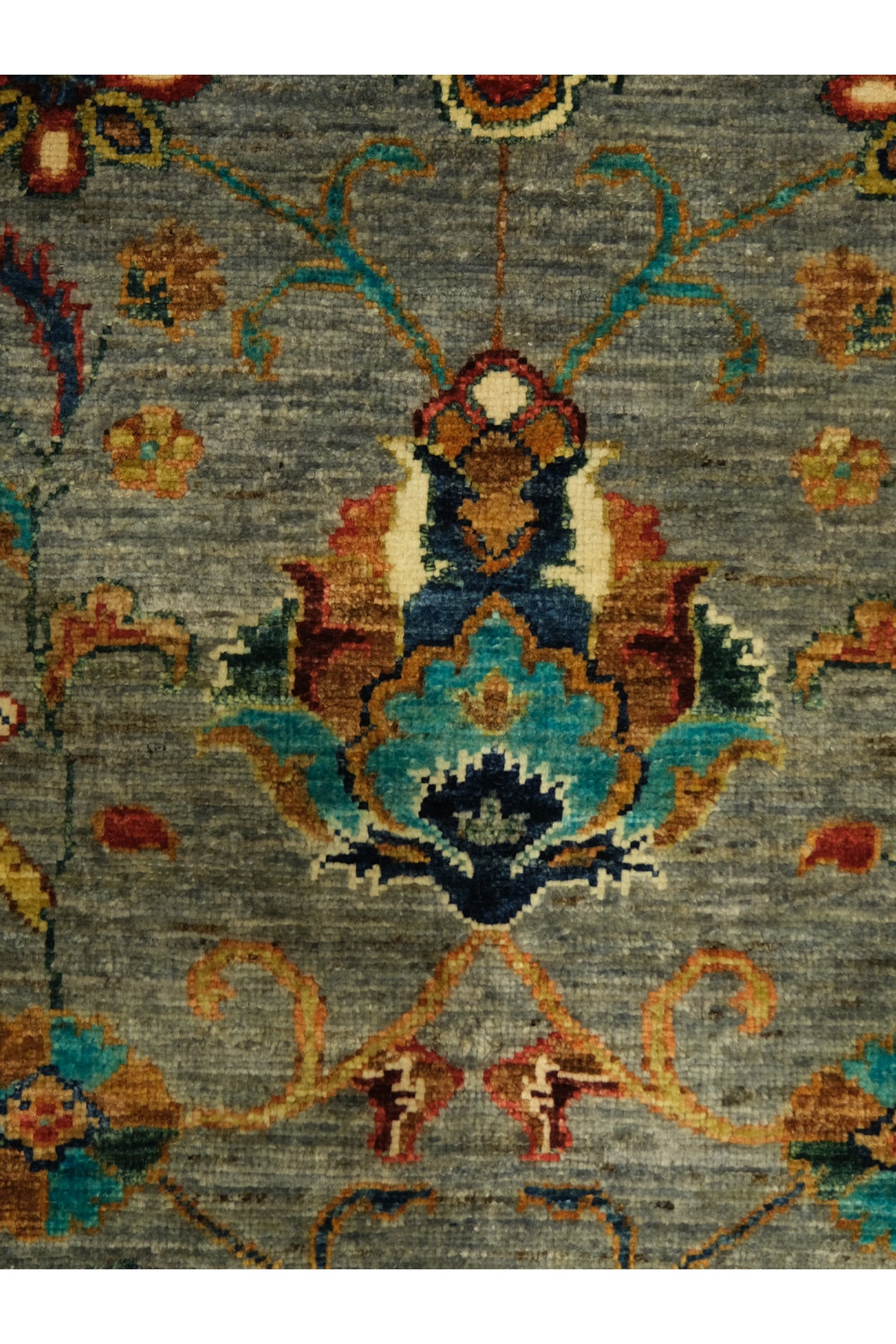 Sultani El Emeği Mavi Gri Desenli Saçaklı Anadolu Motifli Modern ve Geleneksel Salon Halısı - Gümüş