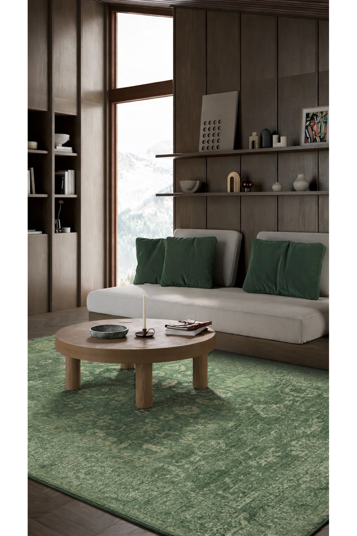 Antik Pers Vintage Klasik Yeşil Etnik Motifli Retro Polyester Modern Desenli Otantik Salon Halısı