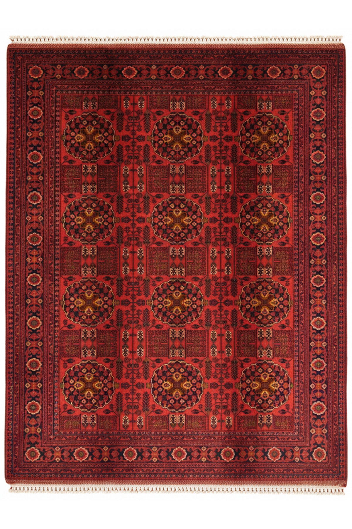 El Dokuma Güneş Model Bordo Afgan Biliçik Halısı %100 Yün Kök Boya Geleneksel Otantik Salon Halısı - Kırmızı