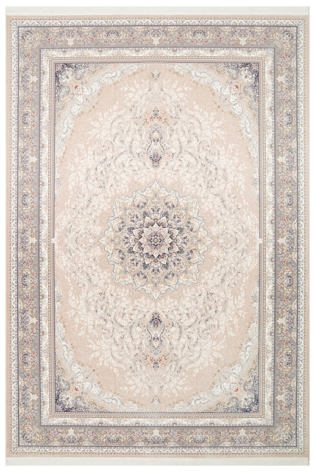 Safavi Klasik Etnik Desenli Bej Gold Akrilik Saçaklı Vintage Sık Dokuma Modern Salon Halısı - Bej