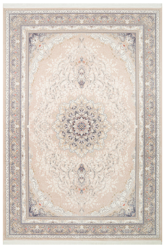 Safavi Klasik Etnik Desenli Bej Gold Akrilik Saçaklı Vintage Sık Dokuma Modern Salon Halısı - Bej