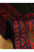 El Dokuma Bordo-Yeşil Yıldız Model Afgan Biliçik Halısı %100 Yün Kök Boya Geleneksel Salon Halısı - Yeşil