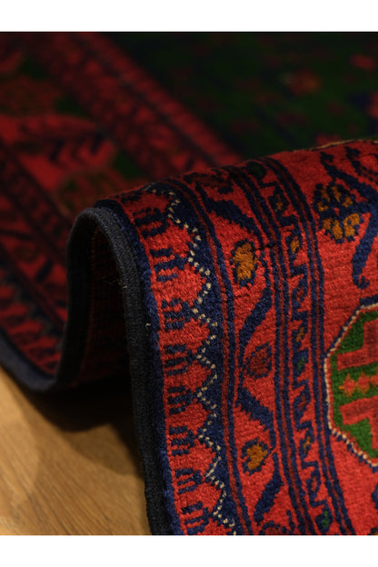 El Dokuma Bordo-Yeşil Yıldız Model Afgan Biliçik Halısı %100 Yün Kök Boya Geleneksel Salon Halısı - Yeşil