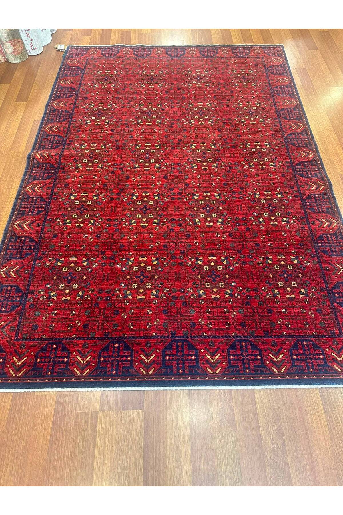 Afgan Desenli El Dokuma Halı Etnik Kırmızı Bordo Lacivert Motifli Geleneksel Vintage Salon Halısı - Turkuaz
