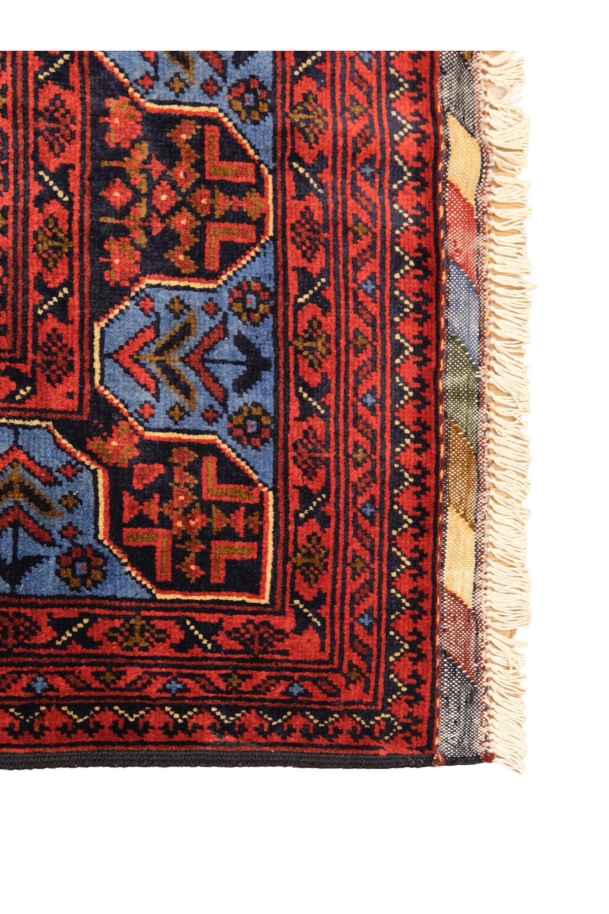 El Dokuma Bordo-Mavi Yıldız Model Afgan Biliçik Halısı %100 Yün Kök Boya Otantik Salon Halısı - Mavi