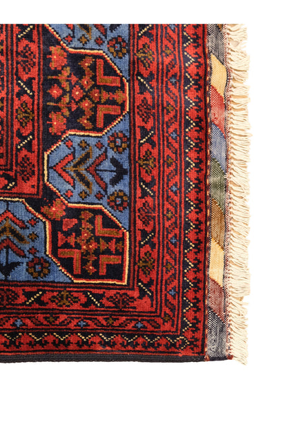 El Dokuma Bordo-Mavi Yıldız Model Afgan Biliçik Halısı %100 Yün Kök Boya Otantik Salon Halısı - Mavi