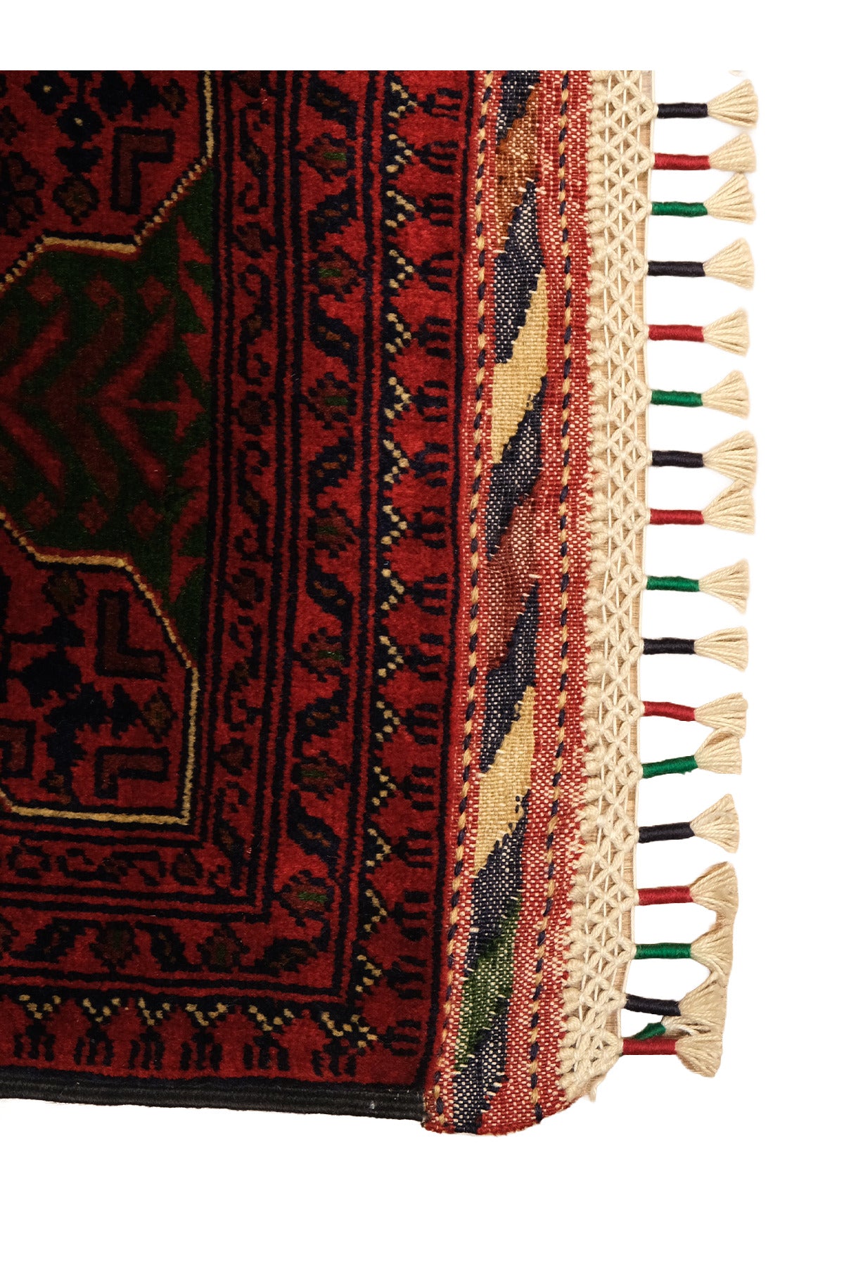 El Dokuma Bordo-Yeşil Yıldız Model Afgan Biliçik Halısı %100 Yün Kök Boya Geleneksel Salon Halısı - Yeşil