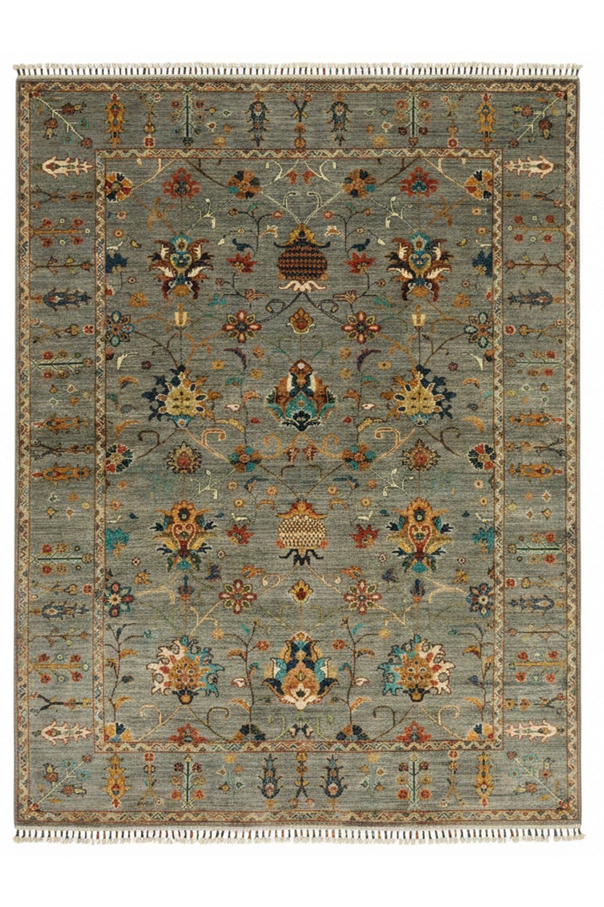 Sultani El Emeği Mavi Gri Desenli Saçaklı Anadolu Motifli Modern ve Geleneksel Salon Halısı - Gümüş