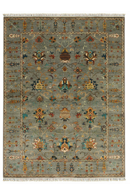 Sultani El Emeği Mavi Gri Desenli Saçaklı Anadolu Motifli Modern ve Geleneksel Salon Halısı - Gümüş