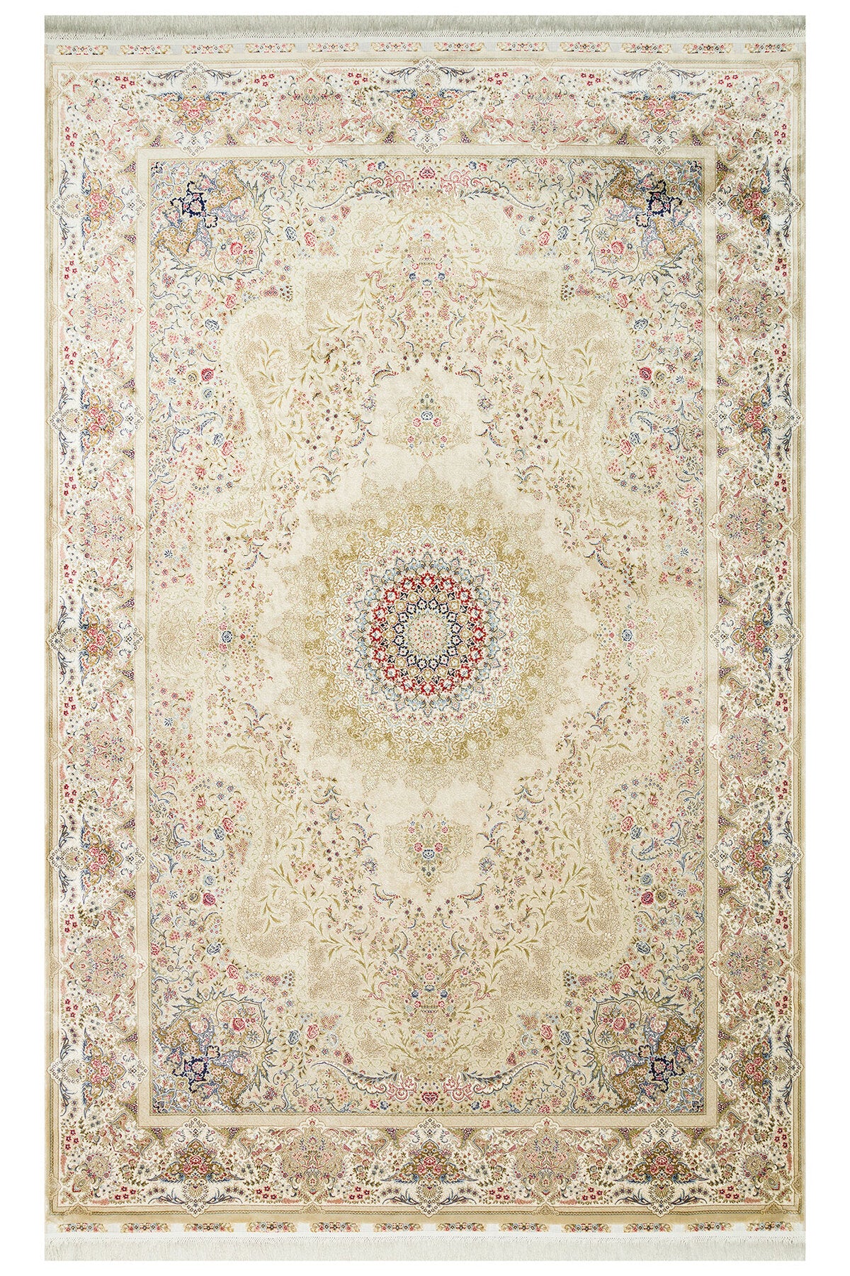 İpek Harem Serisi Bambu İplik Krem Salon Halısı Klasik Desenli Sık Doku Doğal Yumuşak Dokulu Lüx