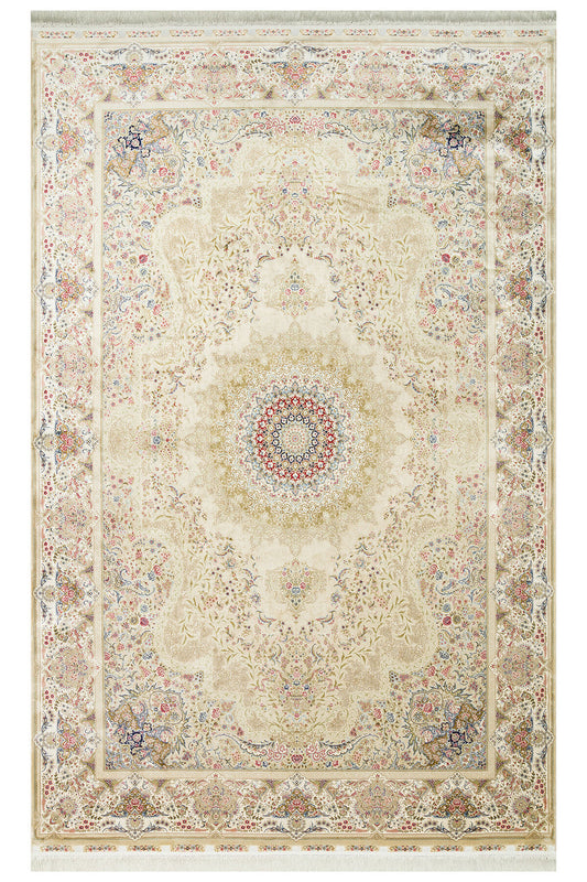 İpek Harem Serisi Bambu İplik Krem Salon Halısı Klasik Desenli Sık Doku Doğal Yumuşak Dokulu Lüx