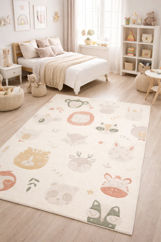 Petit Renkli Figürlü Toz Vermeyen Yumuşak Dokulu Makinede Yıkanabilir Bebek ve Çocuk Odası Halısı - Çok Renkli