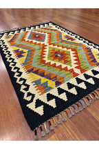 Heritage Series Black Framed Root Dye Handcrafted Natural Yarn Ethnic Pattern Traditional Kilim Collection - Black