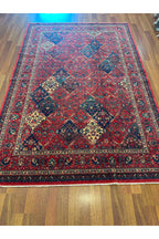 Geleneksel Desenli El Dokuma Halı Kırmızı Bordo Lacivert Madalyon Motifli Vintage Salon Halısı - Siyah
